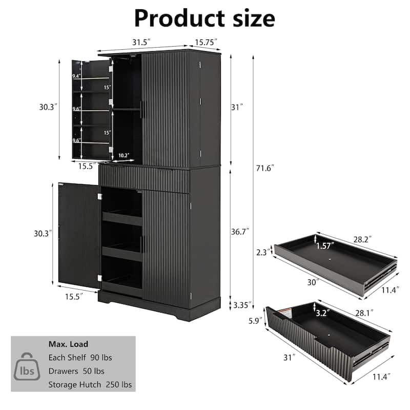 Fluted Kitchen Pantry Cabinet, Freestanding Sideboard Buffet Storage Cabinet with 3 Keyboard Drawers & 6 Door Shelves