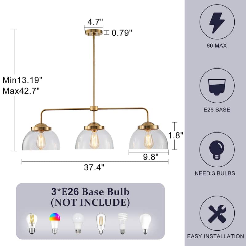 37.4 inch 3-Light Modern Glass Linear Kitchen Island Pendant Light - 37.4 inch