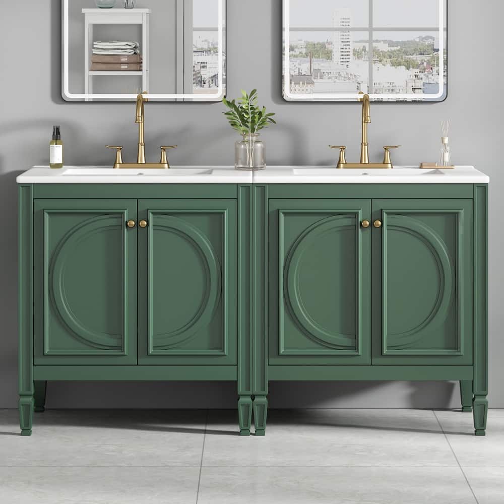 Roomfitters 60" Double Bathroom Vanity Set with Dual Ceramic Sinks, Vintage Tapered Legs and Customizable Storage