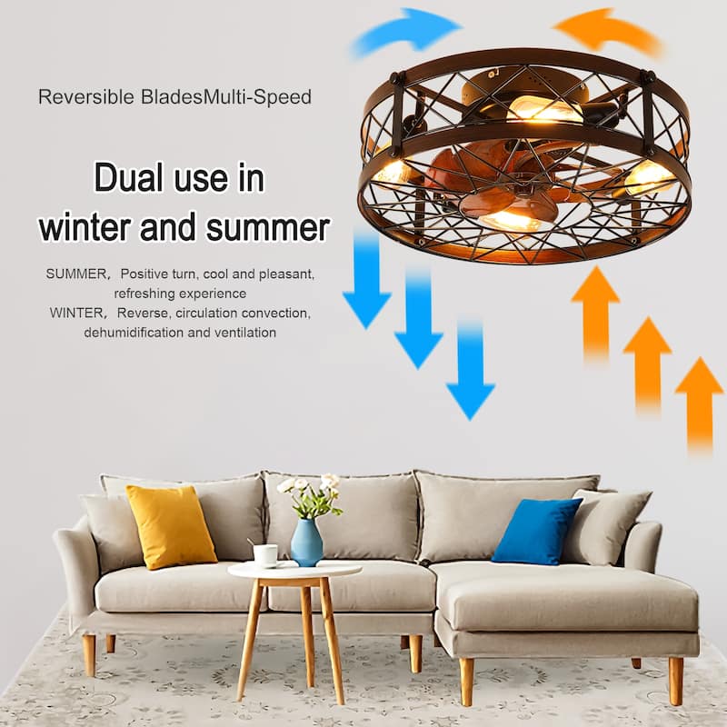 HOMAVO Caged Ceiling Fans with Lights Black, 20 inch Flush Mount Ceiling Fan Light