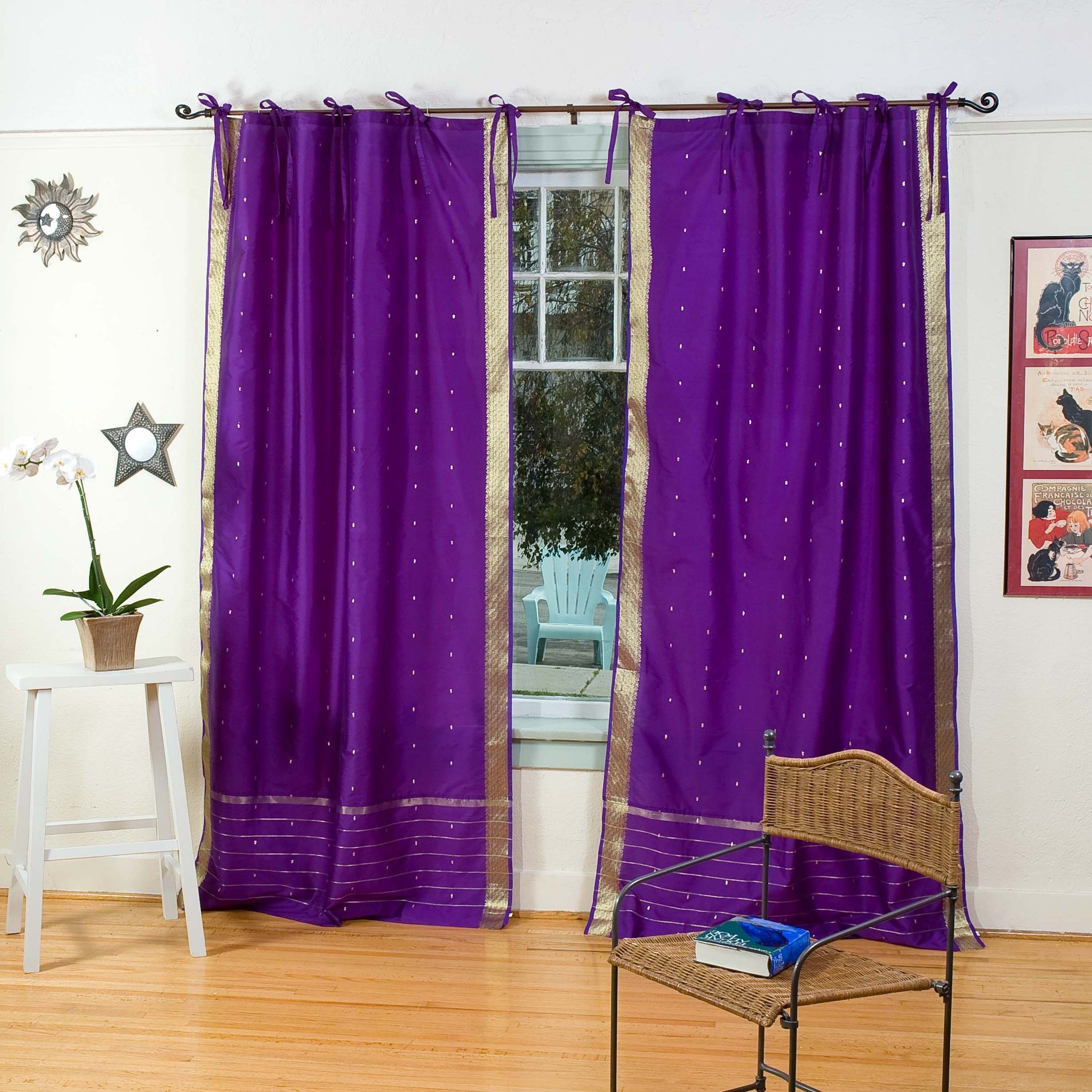 2 Boho Purple Indian Sari Curtains Ring Top Window Panels Drapes - On