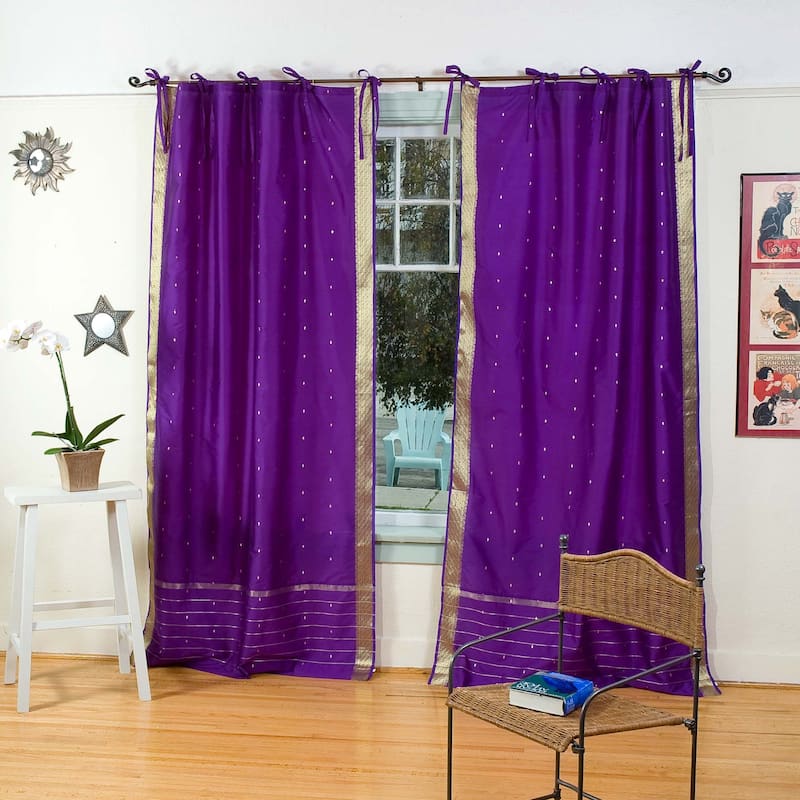 Purple Tie Top Sheer Sari Curtain / Drape / Panel - Pair