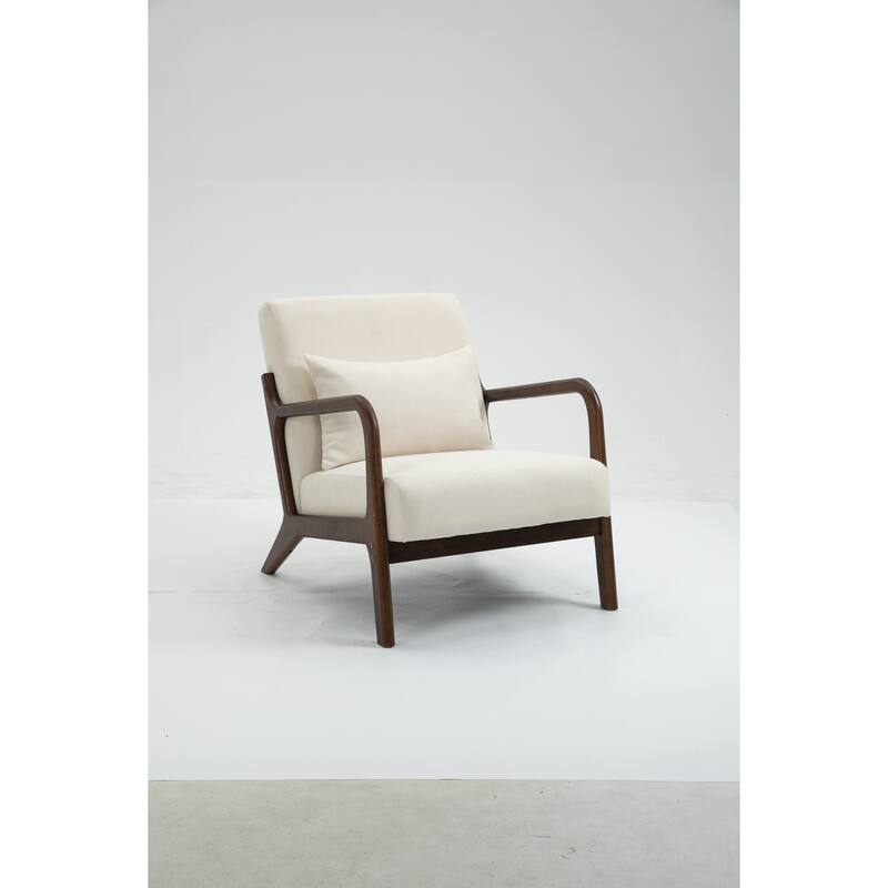 Mid Century Modern Accent Chair with Wood Frame, Upholstered Living Room Chairs with Waist Cushion, Reading Armchair - White
