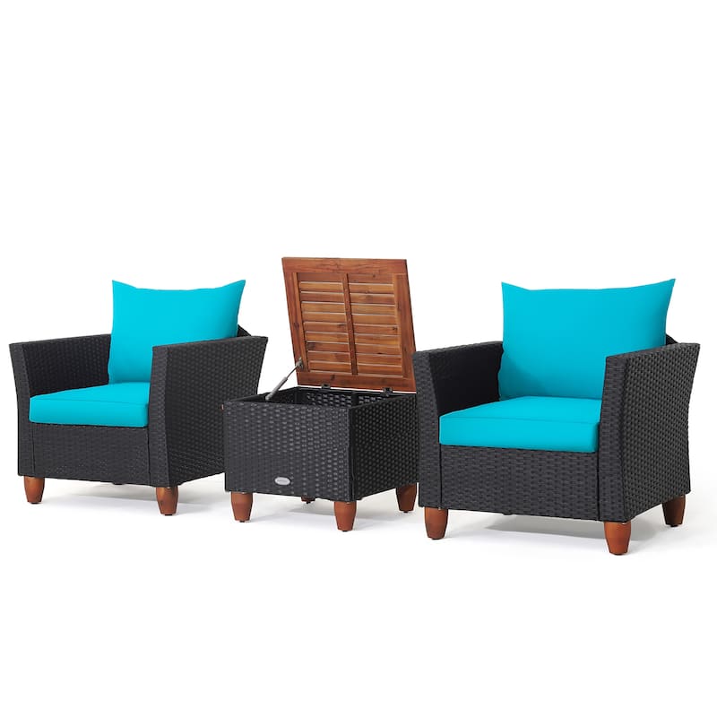 3PCS Patio Rattan Furniture Set Cushioned Sofa with Storage Table - Turquoise