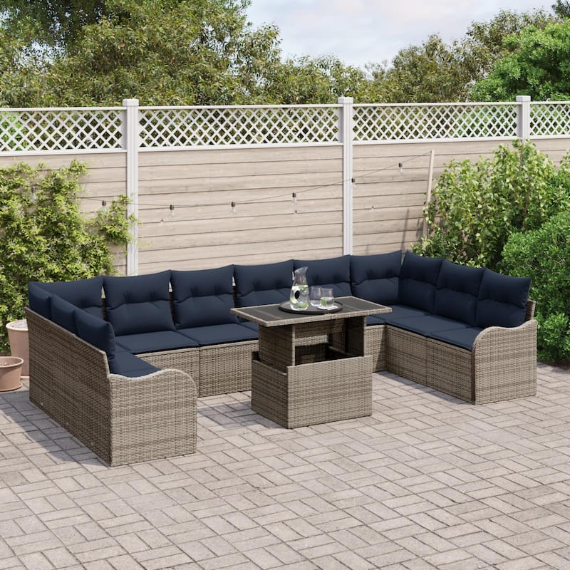 vidaXL 11 Garden Sofa Set with Cushions Black/Brown/Grey Poly Rattan - 135.4 x 70 x 27.2