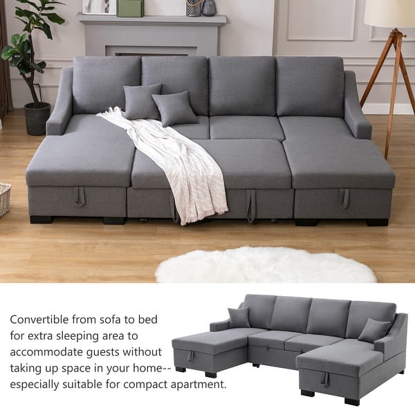 Linen Reversible Sleeper Sectional Sofa with Double Storage Chaise ...