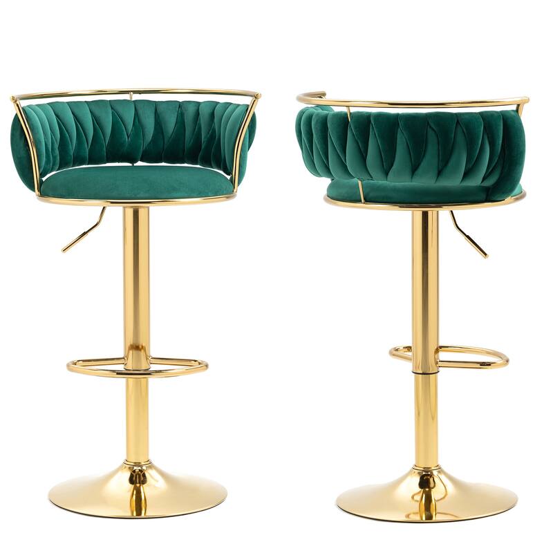 Velvet Upholstered Adjustable Bar Stool Swivel Counter Chair Set of 2