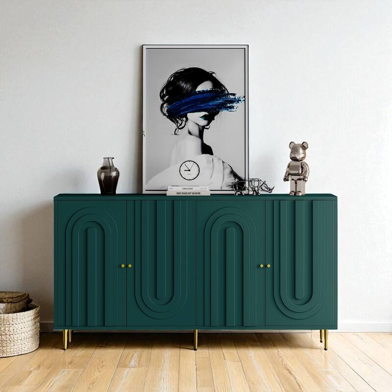 Modern Lacquered 4-Door Sideboard Buffet Cabinet with Adjustable Shelves and Gold Metal Legs, MDF Storage Cabinet. - Green