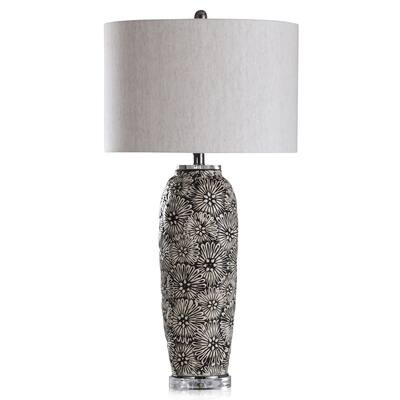Indra - Floral Impression Ceramic Body Table Lamp With Crystal Glass Base - Black & Cream Finish - Heathered Oatmeal Shade
