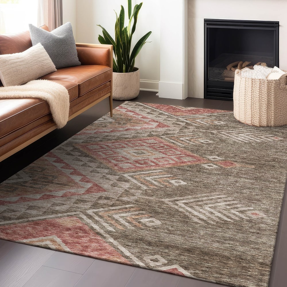 Machine Washable Indoor/ Outdoor Boho Tribal Chantille Rug