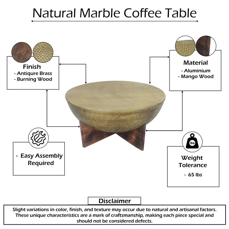 Arden Coffee Table, Round Hammered Metal Top, Mango Wood Base, Antique Brass