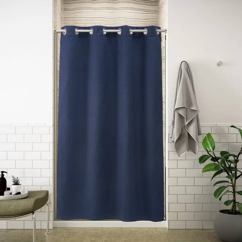 No Hook Cotton Blend Waffle Shower Curtain with Snap-in Liner