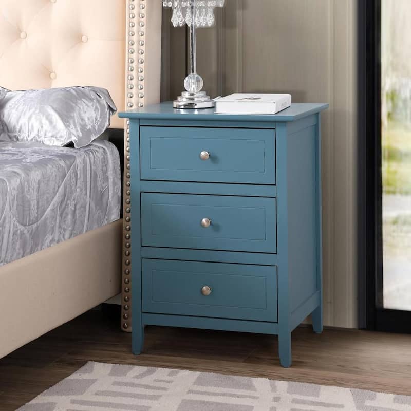 Modern classic solid wood nightstand, living room side table with three storage drawers and metal handles - Teal