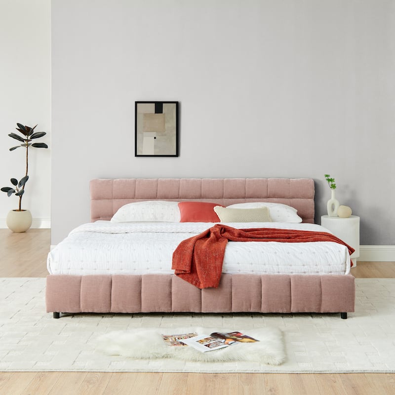 Block Thick Chenille Low Profile Platform Bed Fabric Upholstered Bedframe with Headboard Solid Wood Frame - Optional Storage Bed