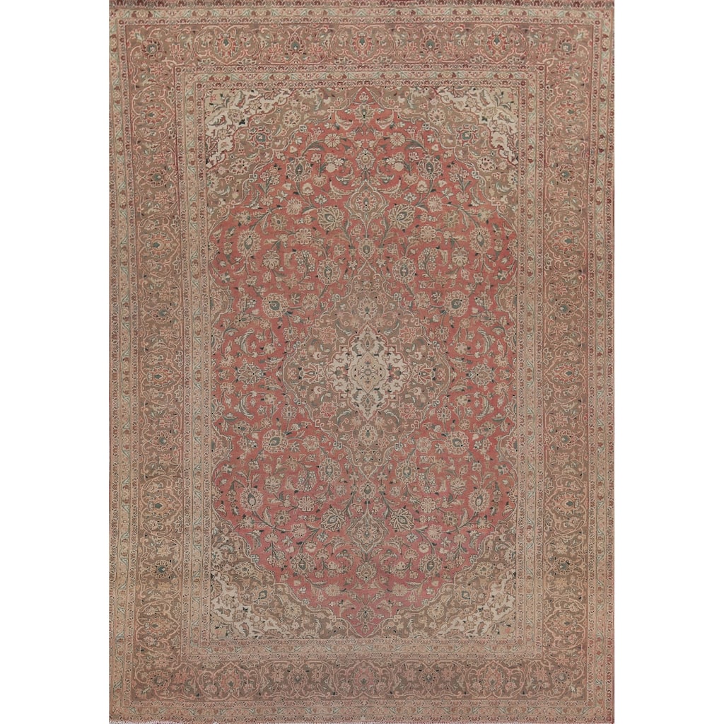 Traditional Pink Floral Kashan Persian Vintage Wool Carpet - 9'6" x 13'0"