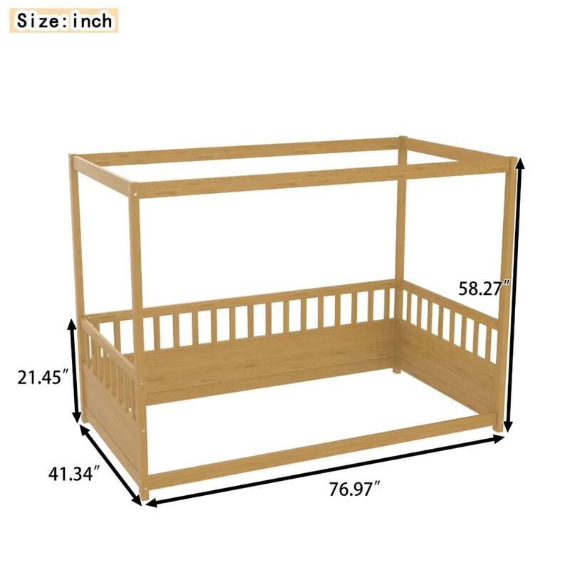 Canopy Bed Floor Bed with Guardrails Pine Four Poster Bed No Slats