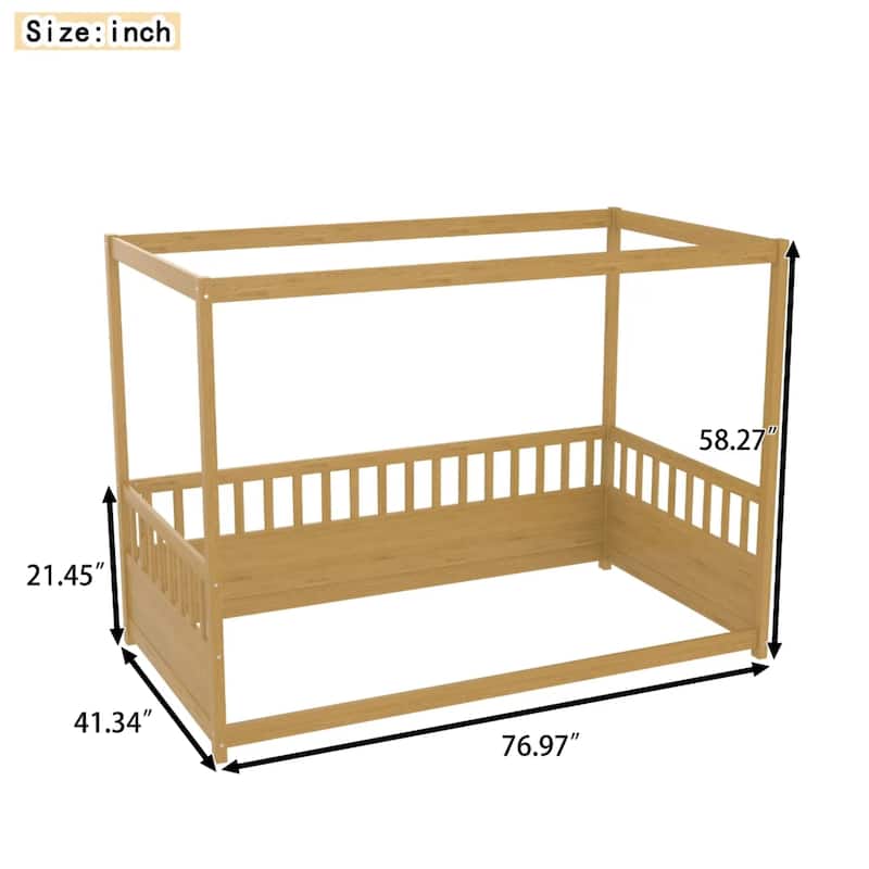 Canopy Bed Frame with Guardrails,Floor Bed with Four Poster Design - Natural Wood