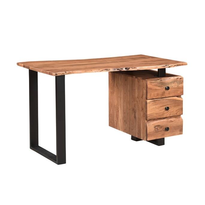 HomeRoots 54" Natural and Black Live Edge Solid Wood Writing Desk With Three Drawers