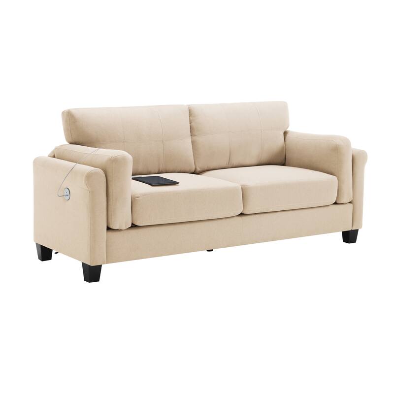 79" Modern Button Tufted Linen Upholstered 3-Seat Sofa Couch With Built-in USB and Type-C Ports and Soft Cushion