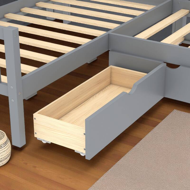 L-Shaped Twin Platform Bed with Trundle, Solid Wood Corner Bed Frame with Drawers and Shelves, No Box Spring Needed