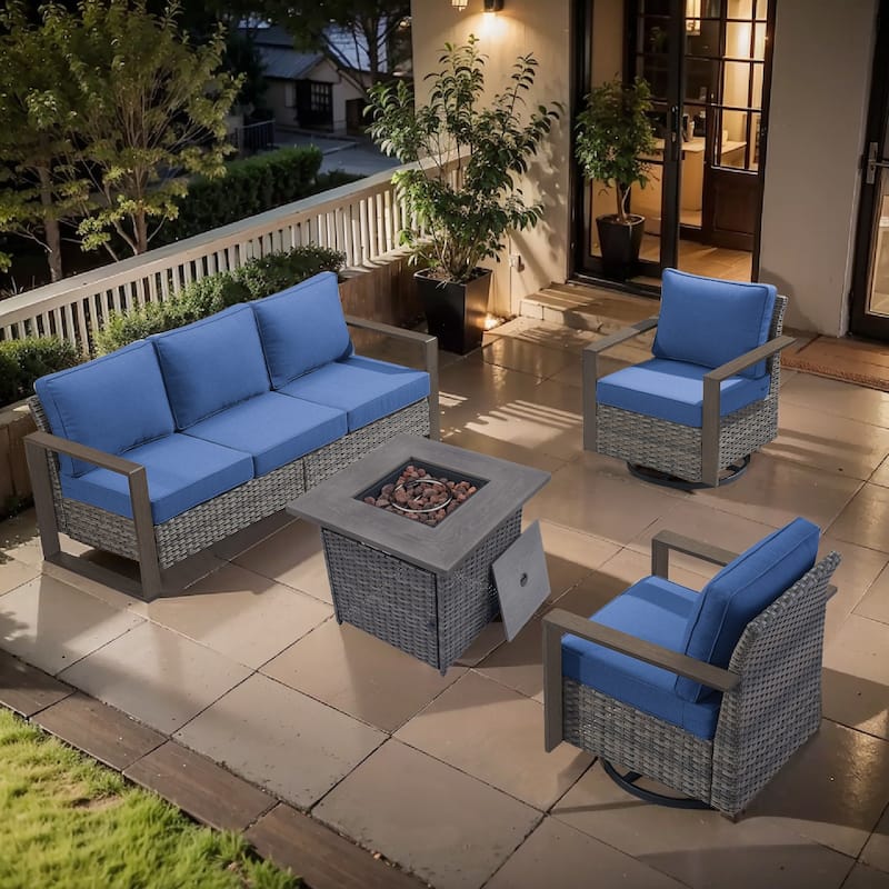 Pocassy Outdoor Fire Pit Conversation Set 3-Seat Sofa Chairs Patio Furniture Set - Grey Wicker Blue Cushion - 4-Piece Sofa Swivel Chair with Fire Table