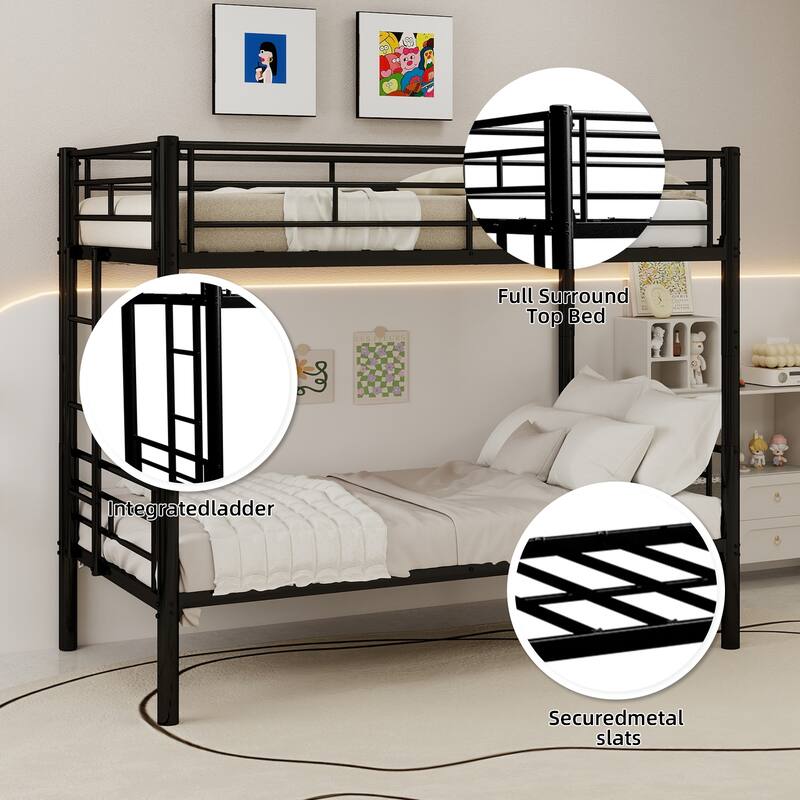 Twin Over Twin Metal Bunk Bed for Kids Boys Girls, Metal Structure Bedframe with Ladders & Guardrail, Convertible 2 Beds