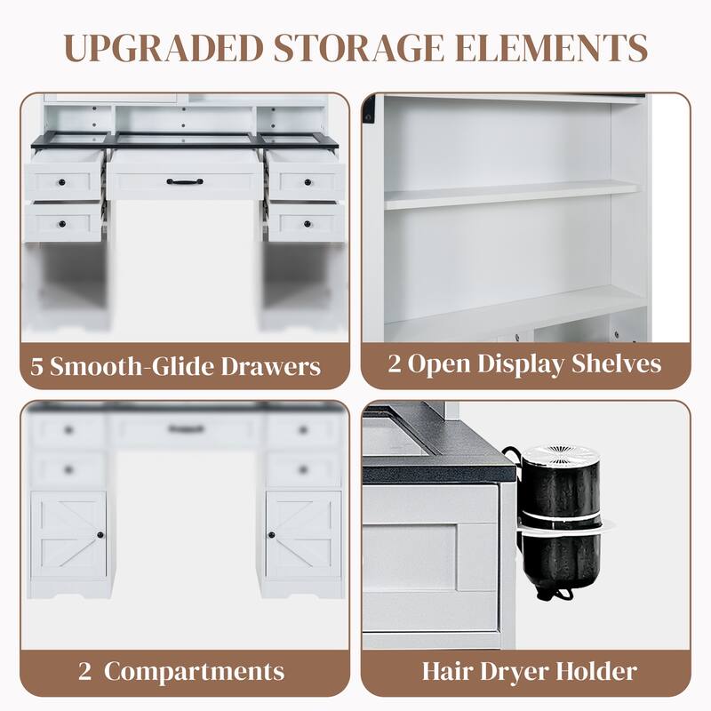 White Vanity Desk with Adjustable Sliding Mirror & Built-in Lights