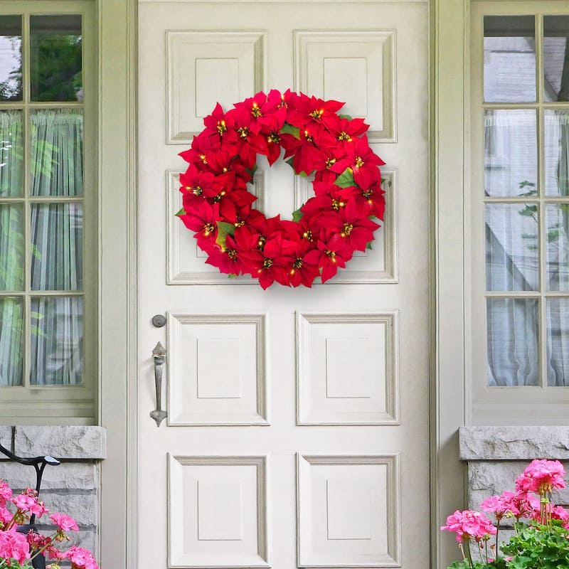 Puleo International 24" Pre-Lit Battery-Operated Artificial Red Poinsettia Wreath - Red/Green