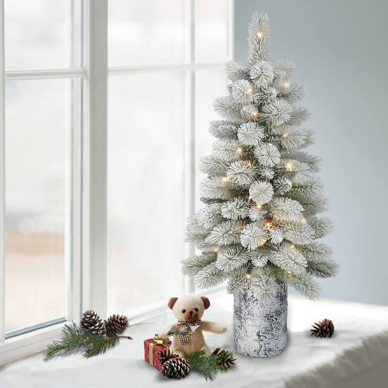 Puleo International 3.5 ft. Battery Operated Potted Flocked Norwegian Pine Artificial Christmas Tree