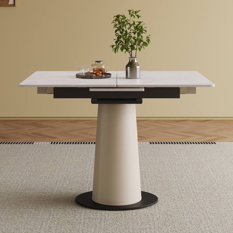 Retractable Rock Slab Folding Dining Table, Modern Square Expandable Table with Leather-Wrapped Stainless Steel Base - White - White