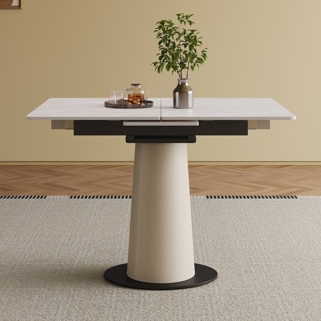 Retractable Rock Slab Folding Dining Table, Modern Square Expandable Table with Leather-Wrapped Stainless Steel Base - White
