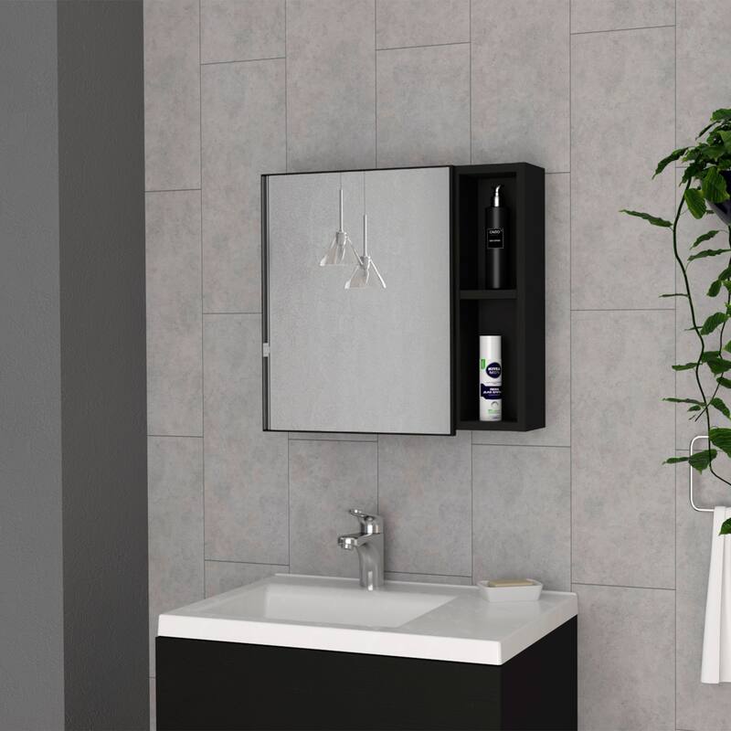 18" High Medicine Cabinet with Mirror, White Single Door Cabinet, Two External Shelves, Three Interior Shelves