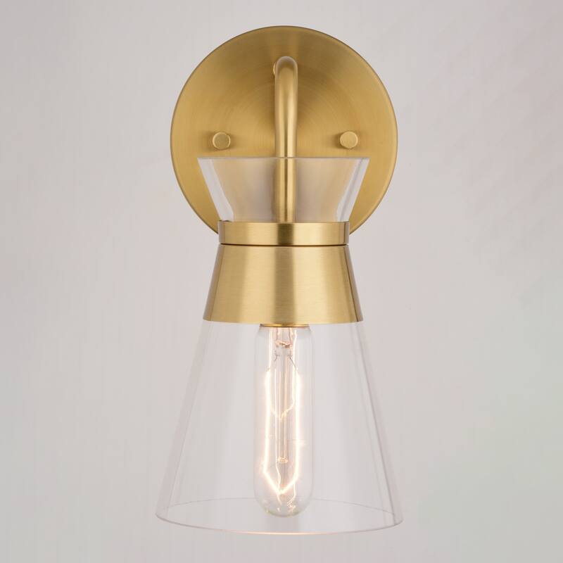 VAXCEL Harper Natural Brass Gold Mid-Century Modern Bathroom Vanity Lighting Fixture, Clear Glass Shade, Wall Sconce