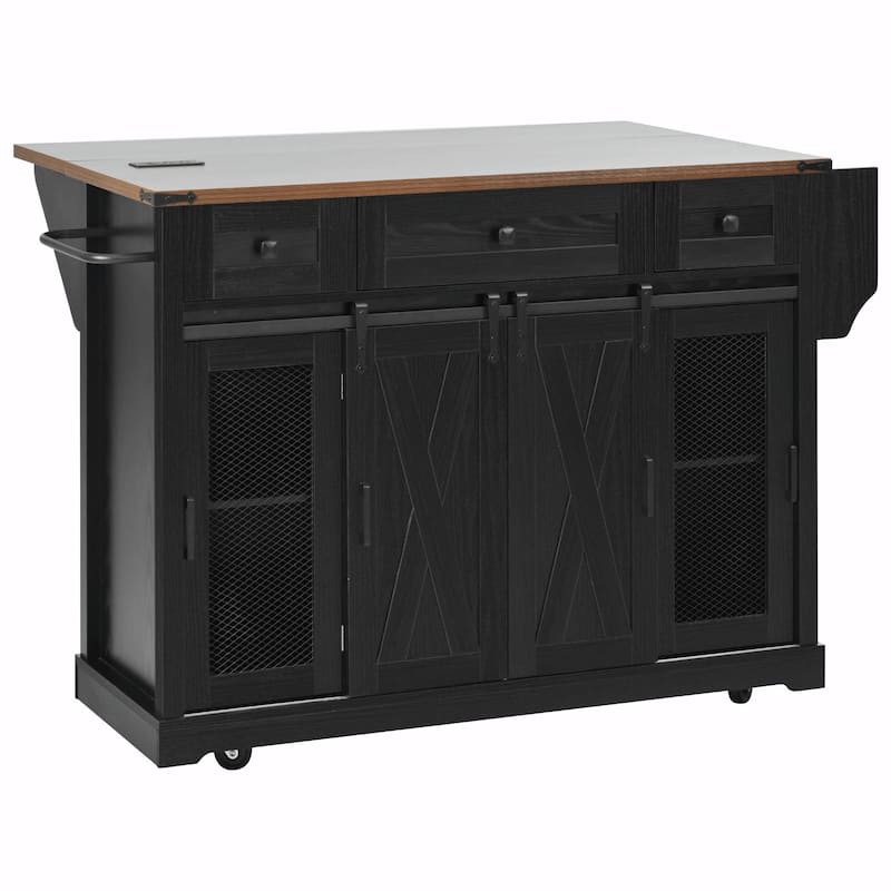 58-inch Farmhouse Kitchen Island with Storage, Sliding Barn Door & Metal Grid Side Door