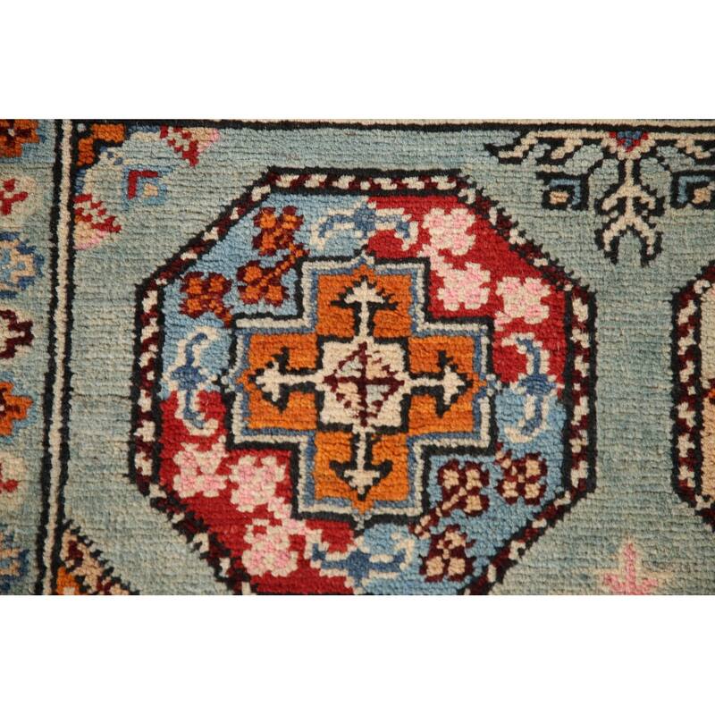 Geometric Kazak Rug Hand-Knotted Blue Wool Carpet - 3'3"x 4'11"