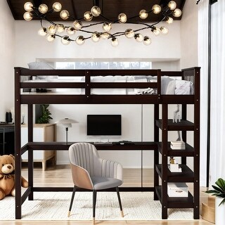 Pine Wood Bunk Bed with Storage Shelves and Under-Bed Desk,Twin Size