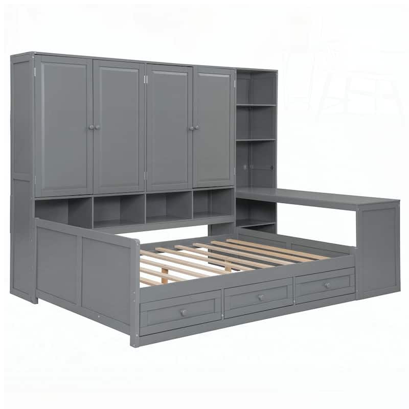 Wooden Daybed With Three Drawers and All-in-One Cabinet