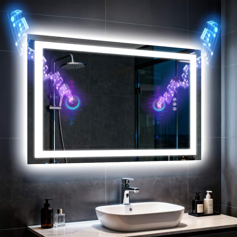 Rectangle Illuminated Bluetooth Bathroom Smart Tempered Glass Vanity Mirror with Double NdFeB Speakers - 24"x32"