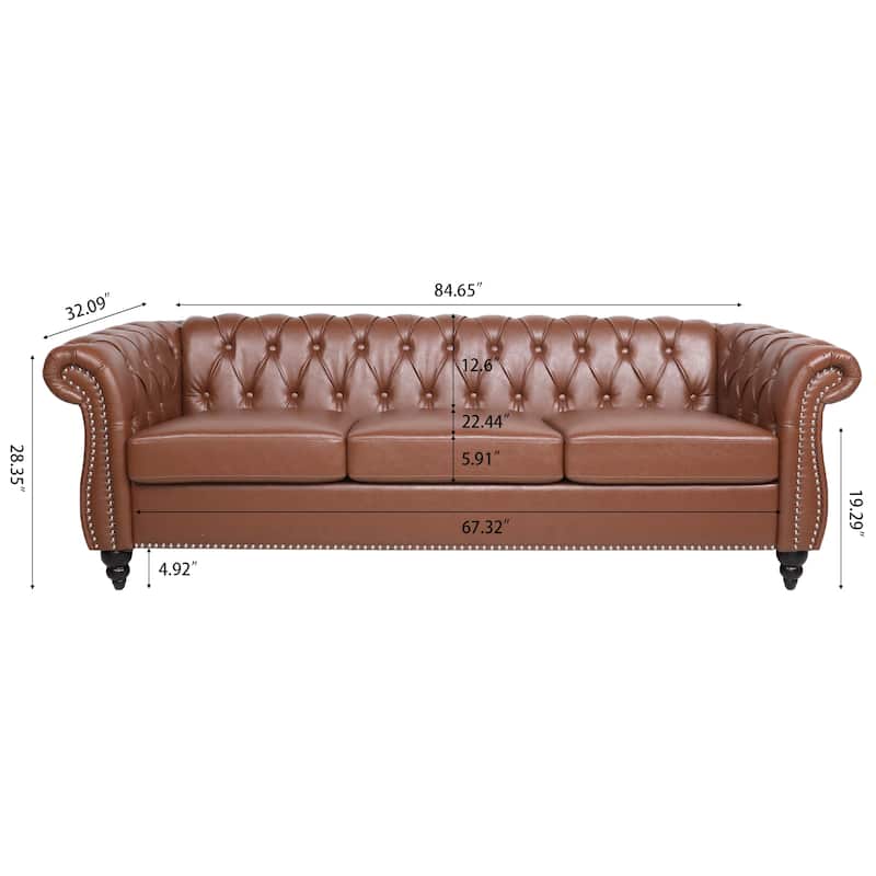 84" PU Leather 3-Seat Sofa with Silver Studs Trim, Button Tufted Back & Arms and Comfortable Cushion for Living Room
