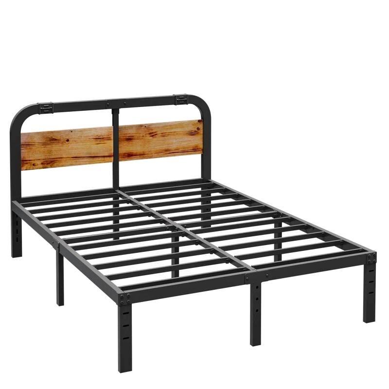 Black Metal Platform Bed Frame with Rustic Wood Headboard and Strong Steel Slats Under Bed Storage