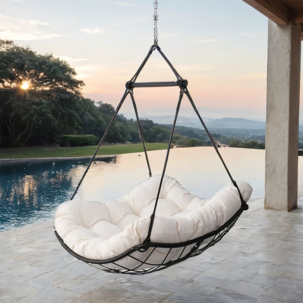 Hammock Chair Swing with Cushion and Steel Bar - Indoor or Outdoor Use