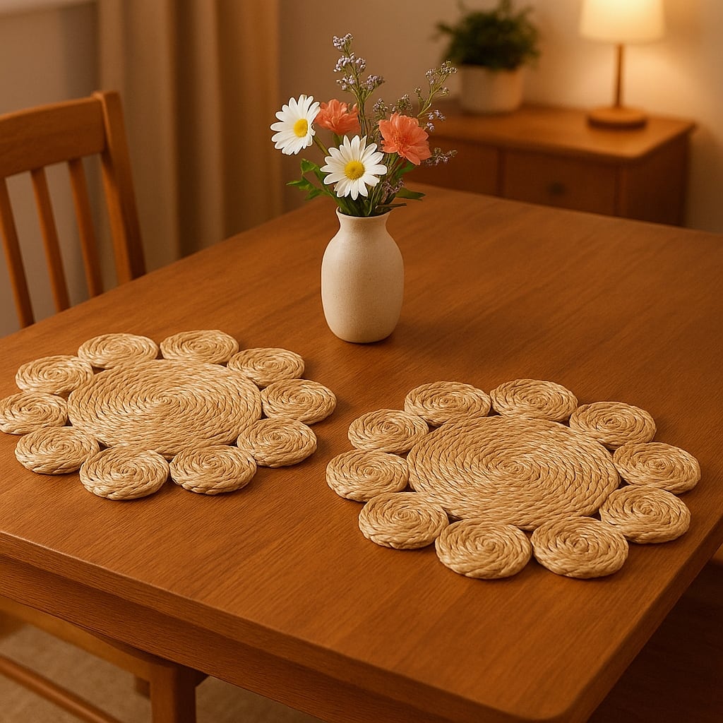 HomeRoots 15" Set of Two Natural Braided Jute Scalloped Placemats - 15.00 in. x 15.00 in. x 0.30 in.