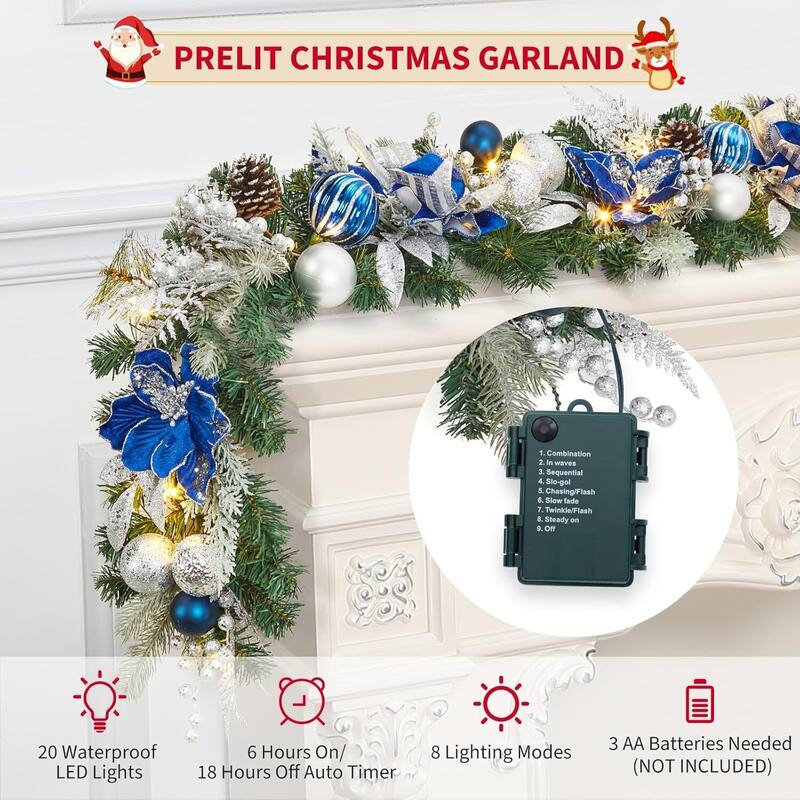 6ft Blue Flowers Christmas Garland with 20 LED Lights - N/A