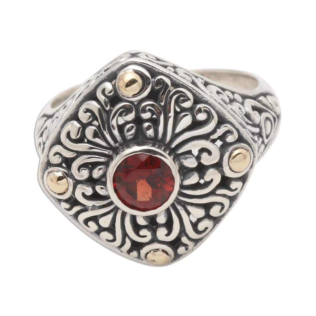 Novica Handmade Temple Base Gold-Accented Garnet Cocktail Ring