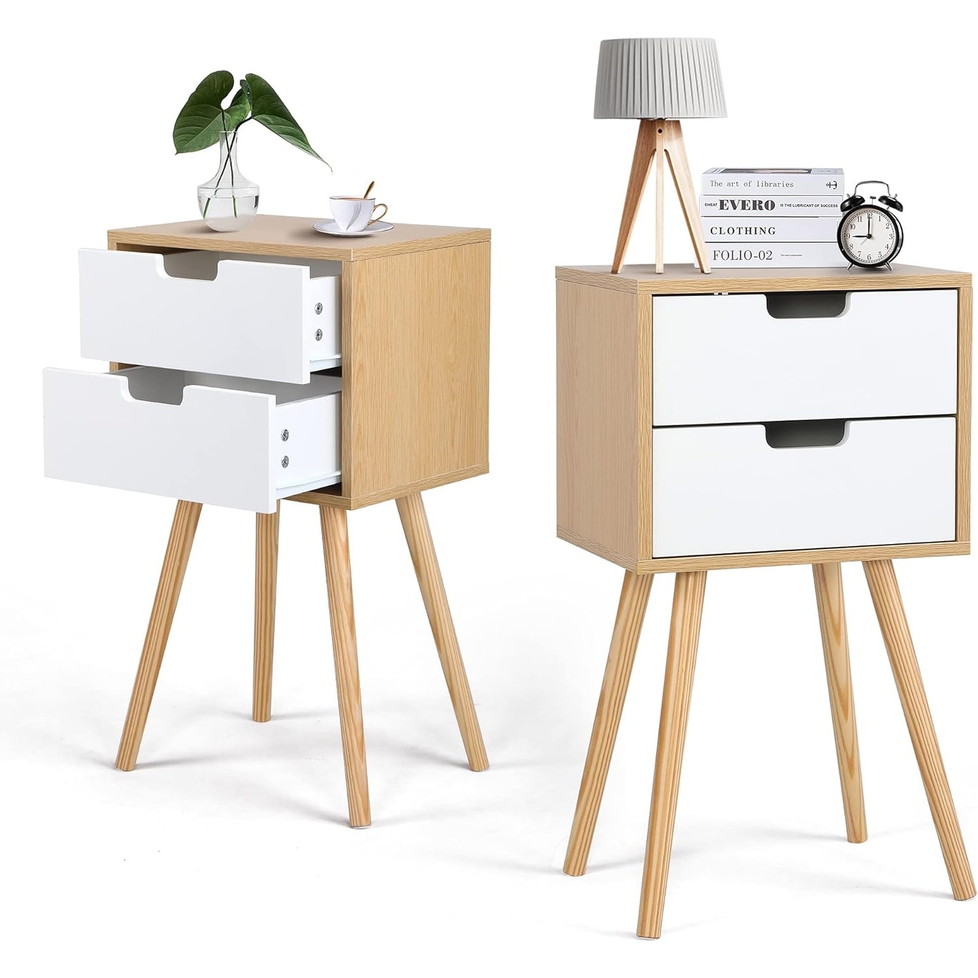 Set of 2 Modern Wooden Nightstands with Drawers and Solid Wood Legs for Bedroom, Living Room, or Office