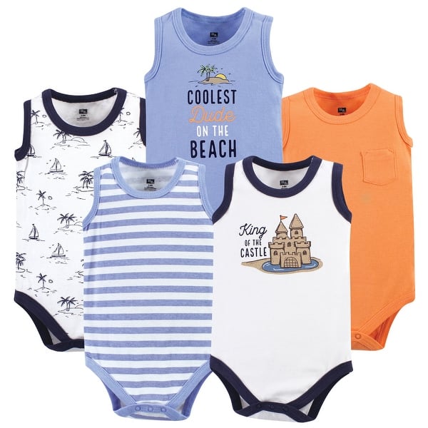 slide 1 of 1, Hudson Baby Infant Boy Cotton Sleeveless Bodysuits 5pk, Sandcastle 12-18 Months - Sandcastle