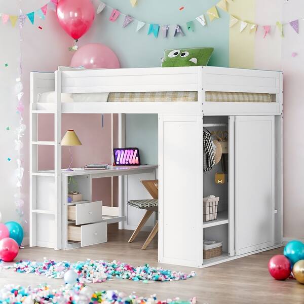 slide 2 of 10, Wood Full Size Loft Bed with Wardrobes and 2-Drawer Desk with Cabinet,White White