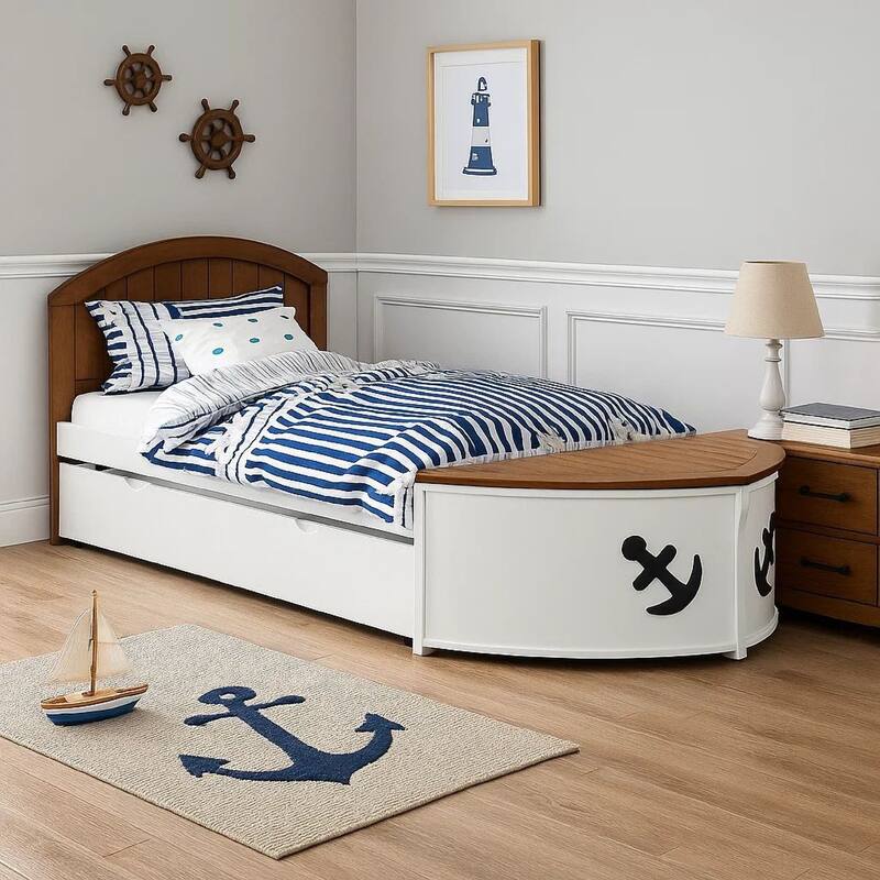 Evon Twin Captain Bed w Trundle, White, Oak Brown, Nautical Coastal Theme