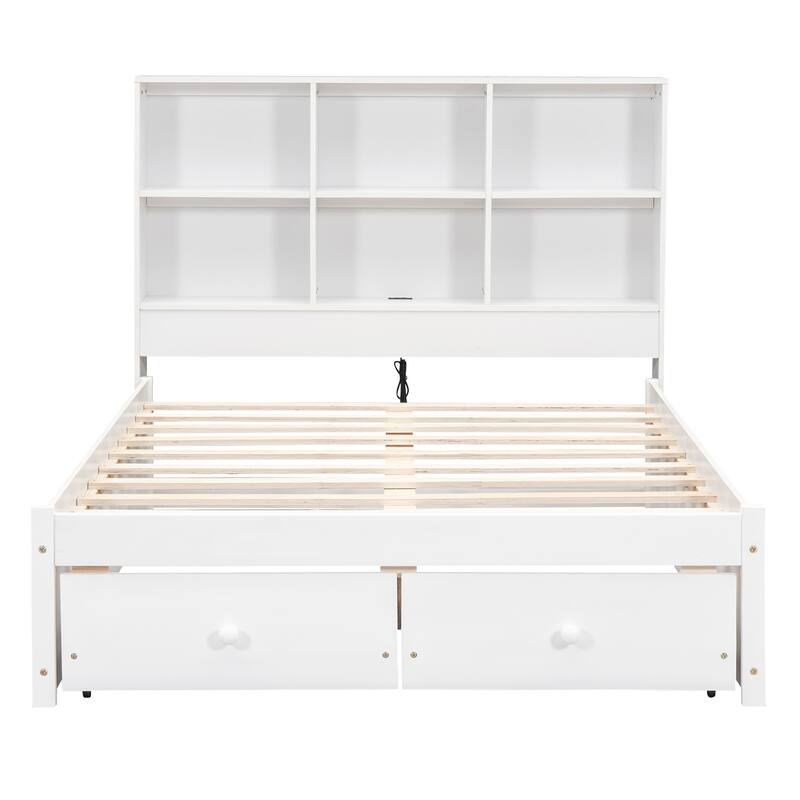 Full Size Platform Bed Frame with Storage Headboard, Charging Station and 2 Drawers, Multi-Functional Bedroom Furniture
