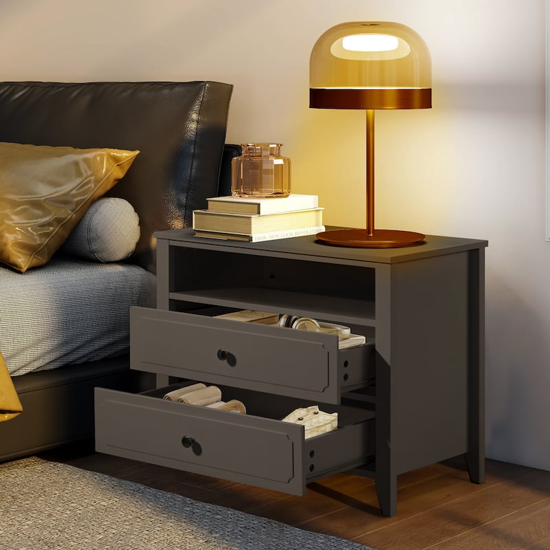 EROMMY Wide Nightstand – 2‑Drawer Bedside Table with Open Shelf, MDF Wood End Table for Bedroom Living Room